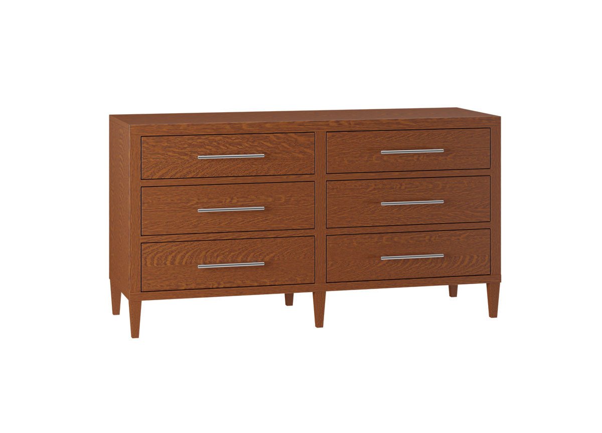 Six drawer dresser in a red brown oak finish with chrome bar pulls and tapered square legs