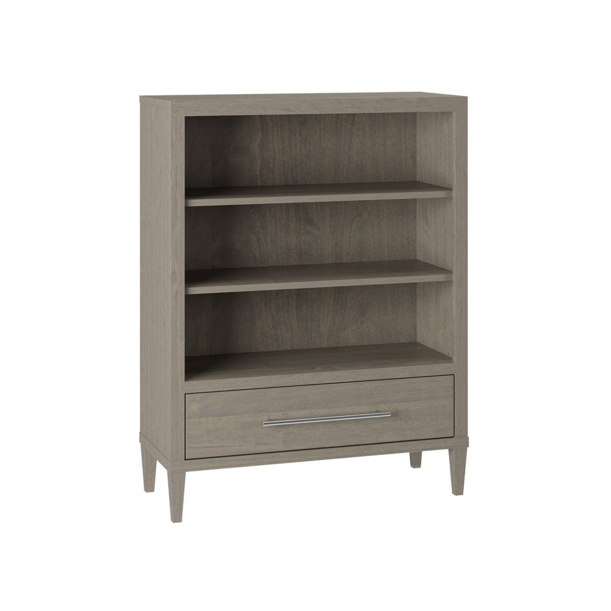Gray finish kids bookcase with two adjustable shelves, a bottom drawer with chrome pull and tapered legs
