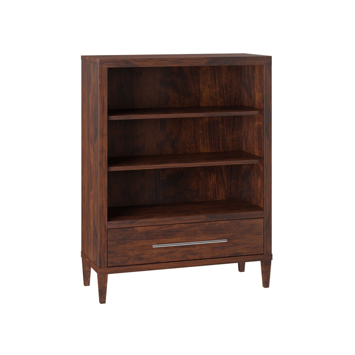 Rich walnut bookcase with two open shelves, single bottom drawer with chrome pull and tapered legs