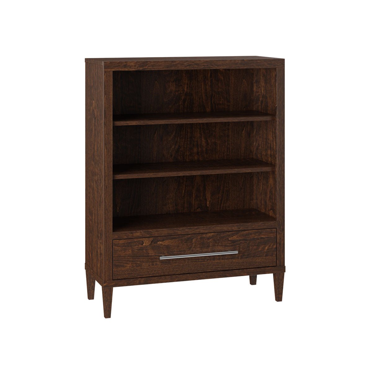 Dark brown bookcase with two open shelves above a single drawer with a chrome bar pull and tapered legs