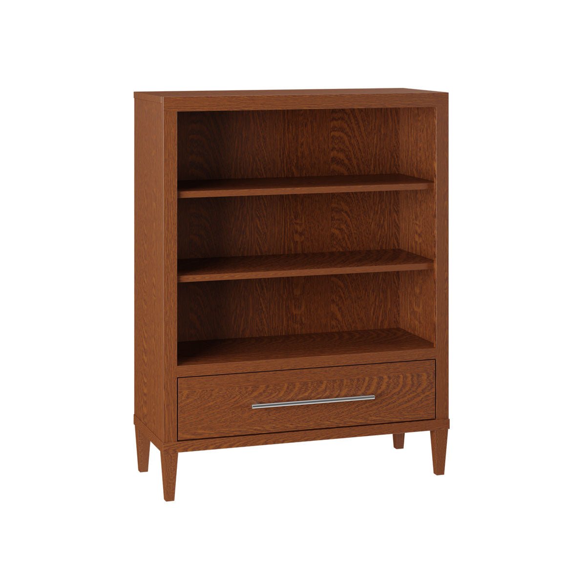 Red brown oak bookcase with two open shelves above a drawer with chrome bar pull on tapered legs