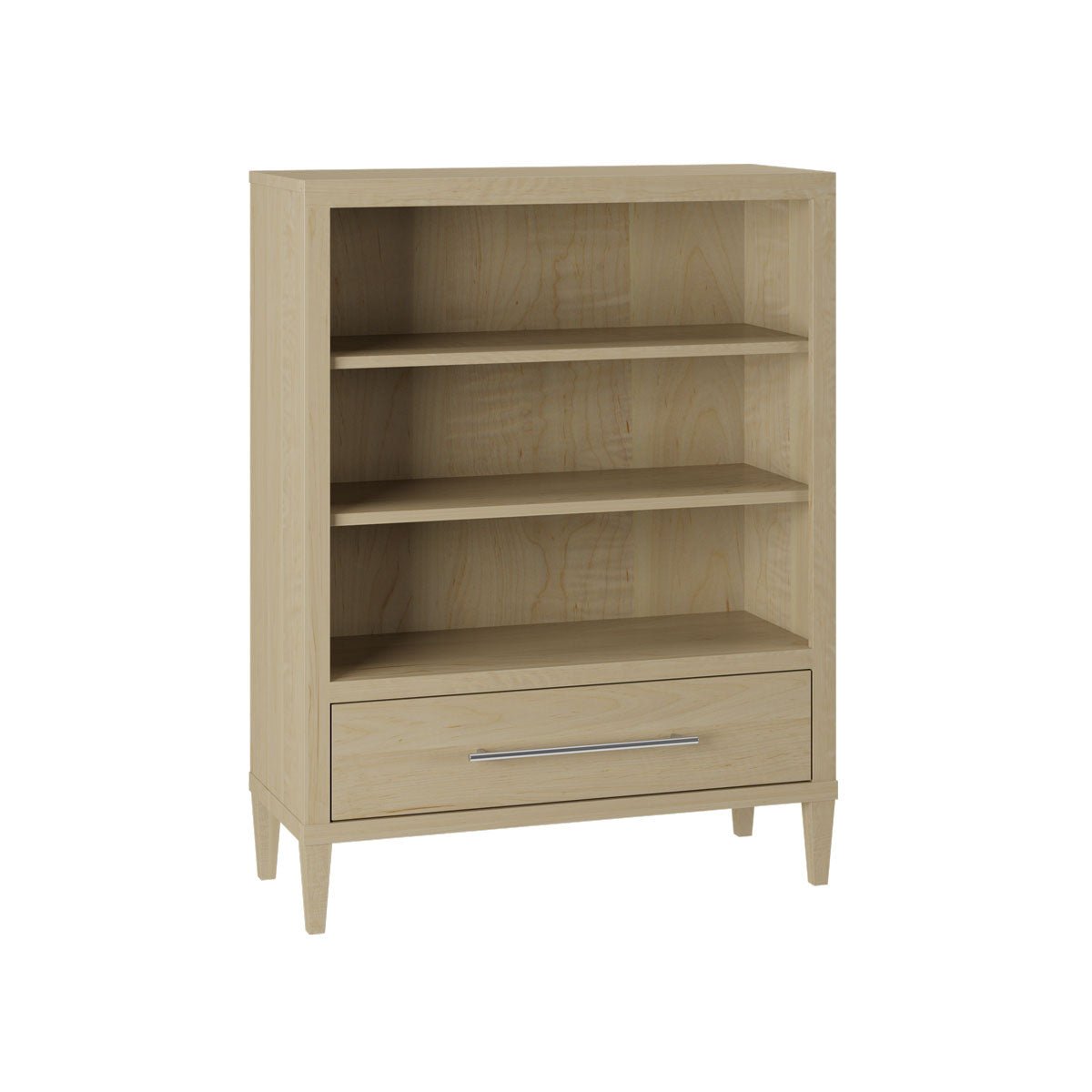 Blonde maple bookcase with two shelves, one lower drawer with chrome handle and tapered legs