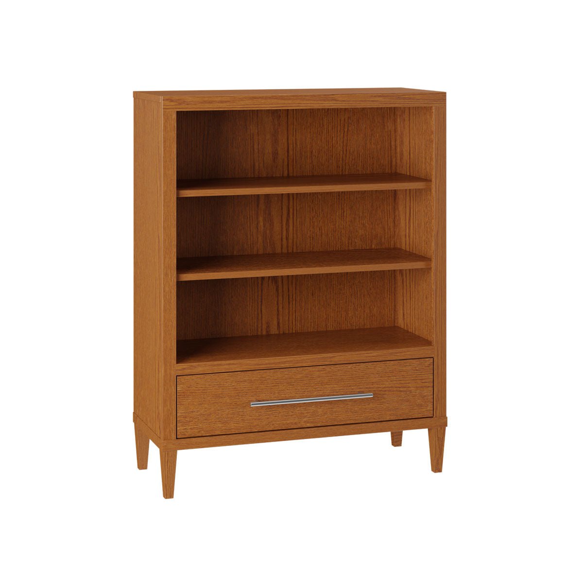 Golden oak kids bookcase with two adjustable shelves, a bottom storage drawer and tapered legs