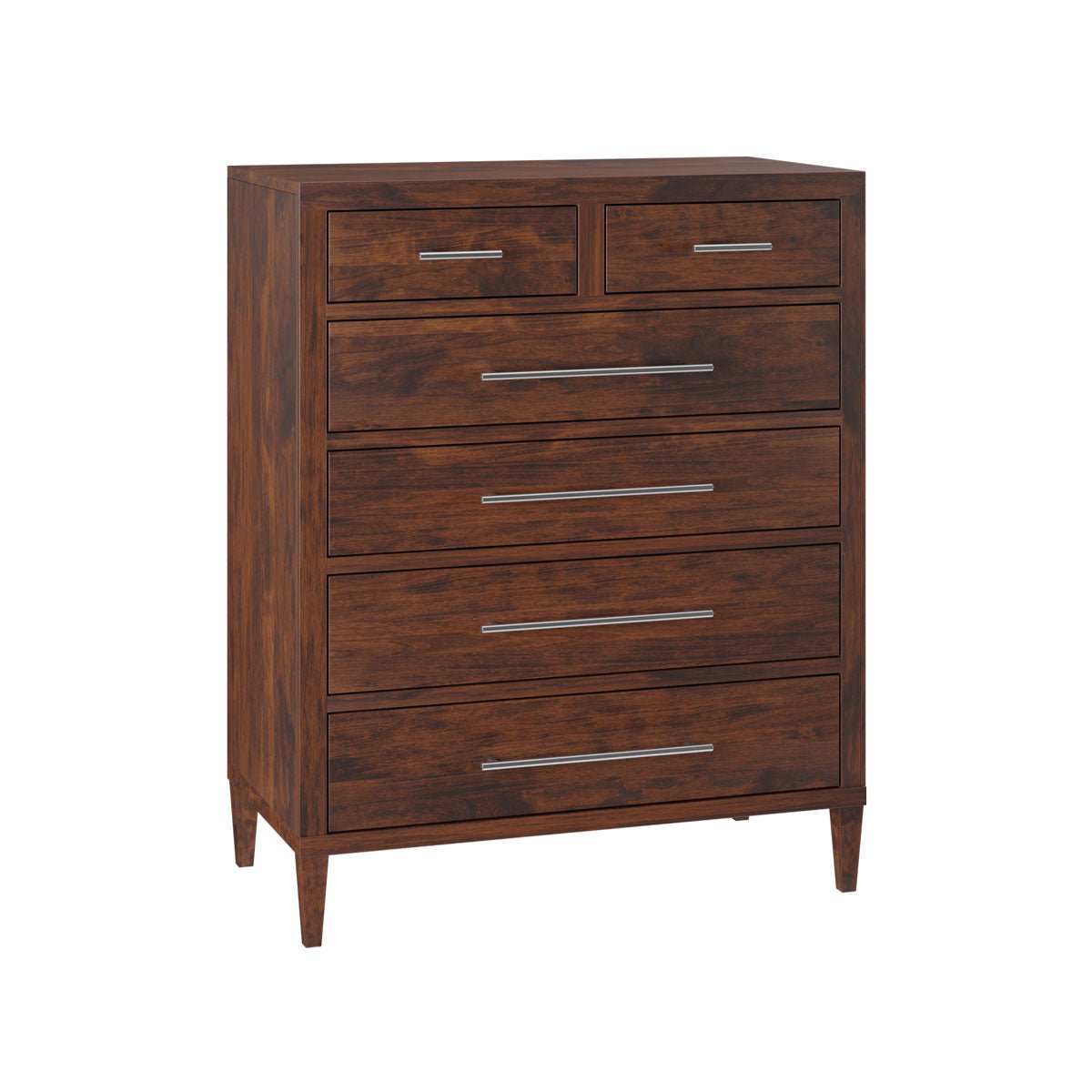 Warm cherry brown chest of drawers with six drawers, chrome bar pulls and tapered square legs