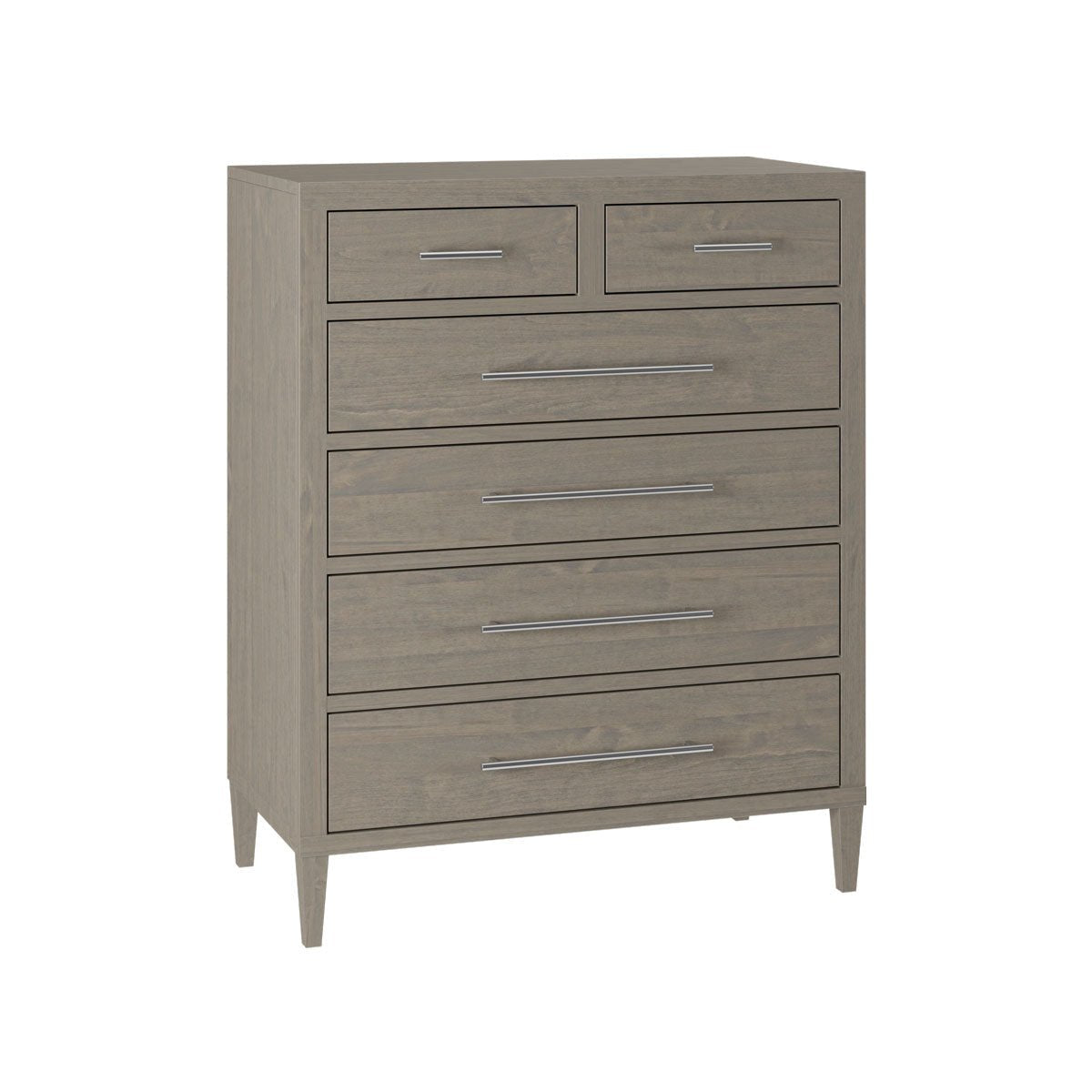 Six drawer chest in a weathered gray finish with two small top drawers, chrome bar pulls and tapered legs