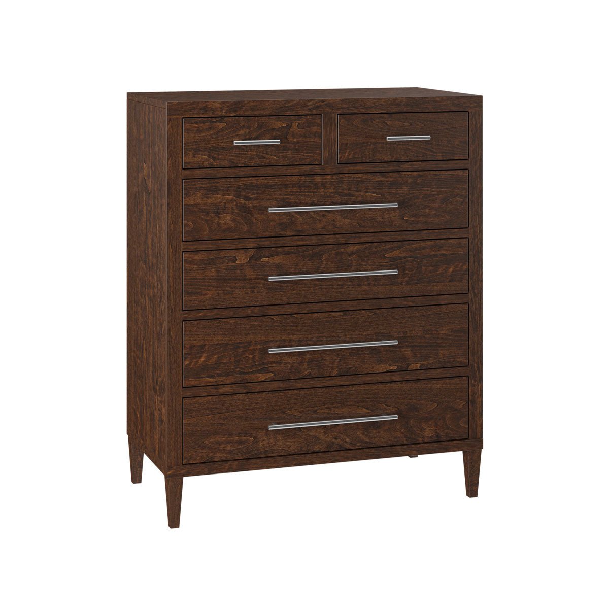 Dark walnut brown chest of drawers with six drawers, chrome bar pulls and tapered square legs