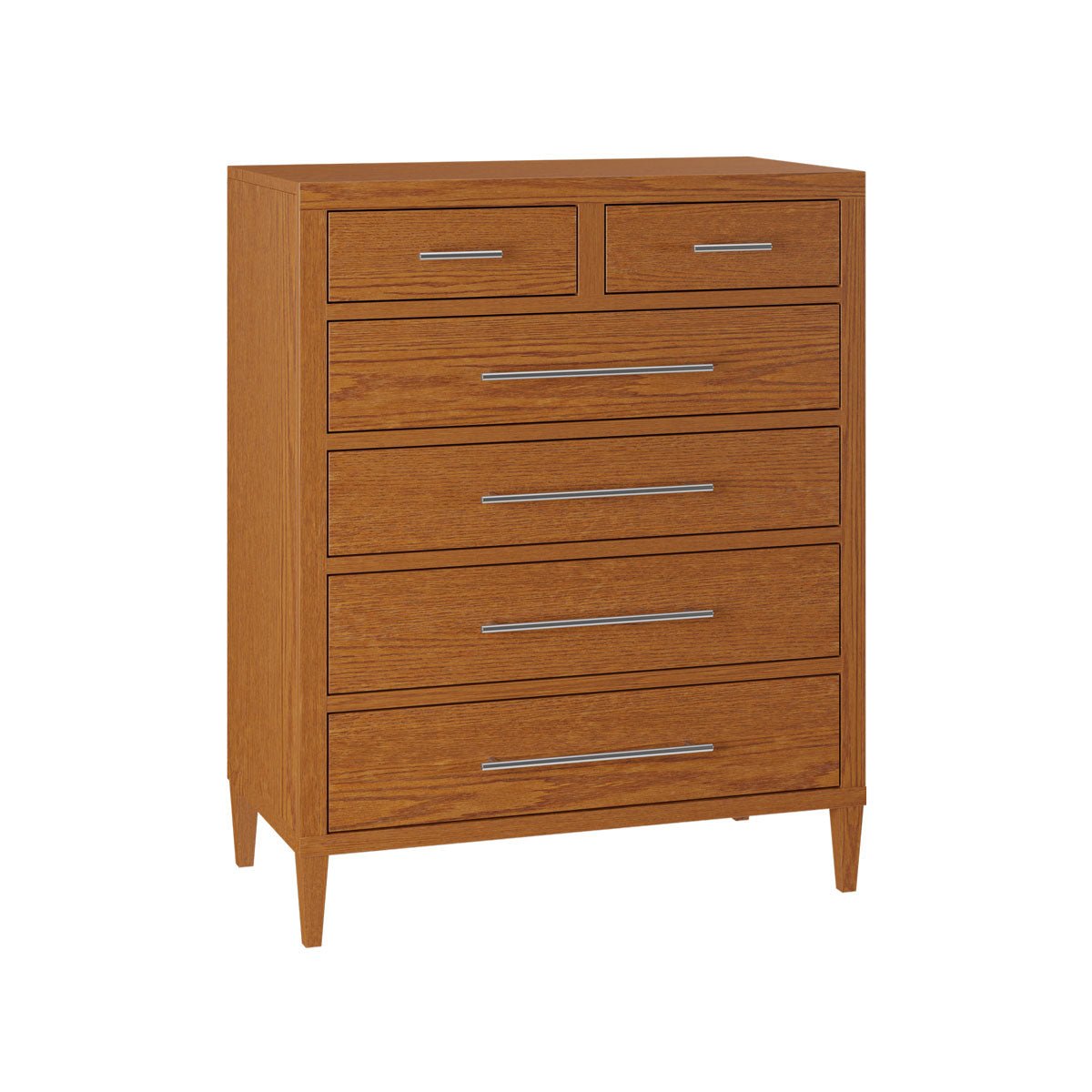 Golden oak six drawer chest with slim chrome bar handles, square case and tapered legs