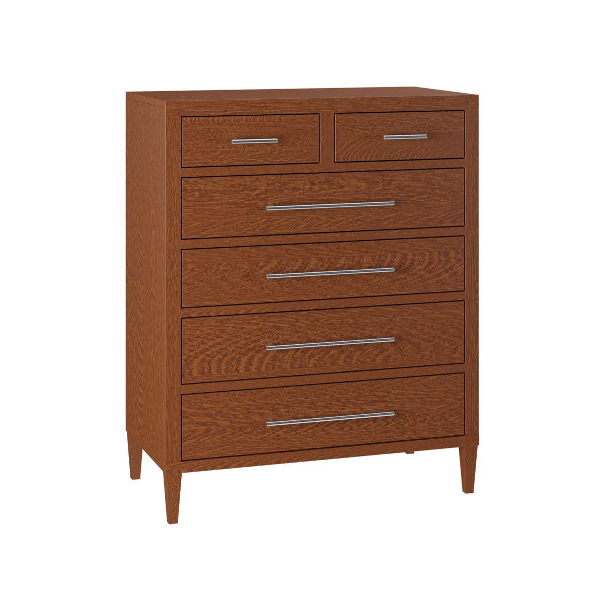 Red brown oak chest of drawers with two small top drawers over four wide drawers and chrome pulls