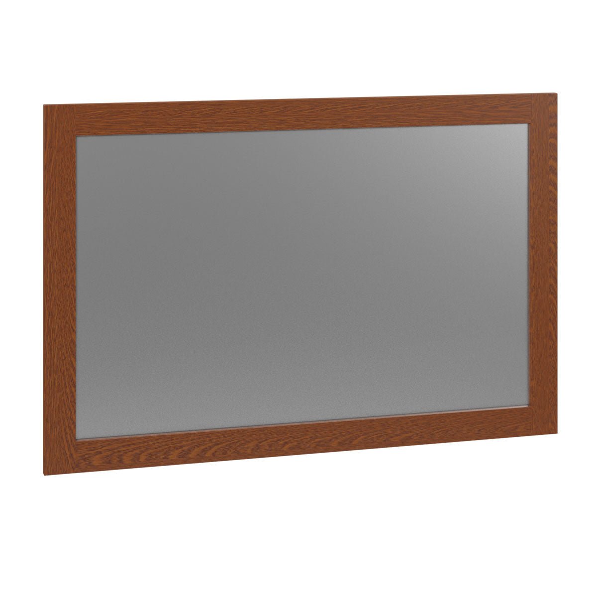 Rectangular wall mirror with a red brown quartersawn oak frame and simple flat edges