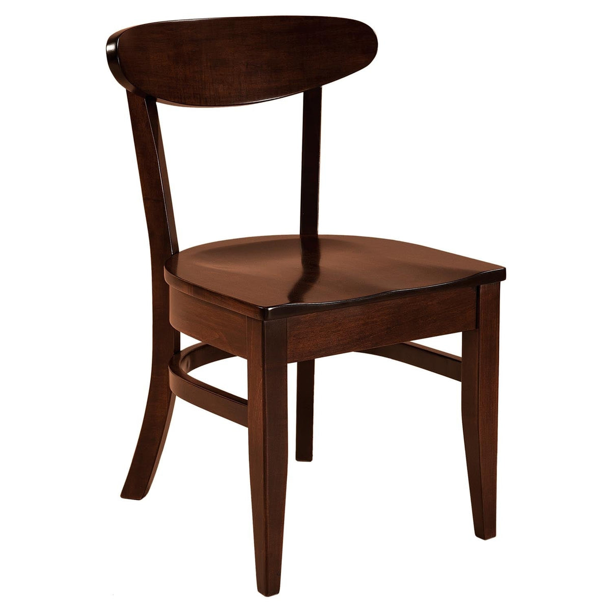 Mid century modern side chair in a dark brown cherry finish with rounded back panel and contoured solid wood seat