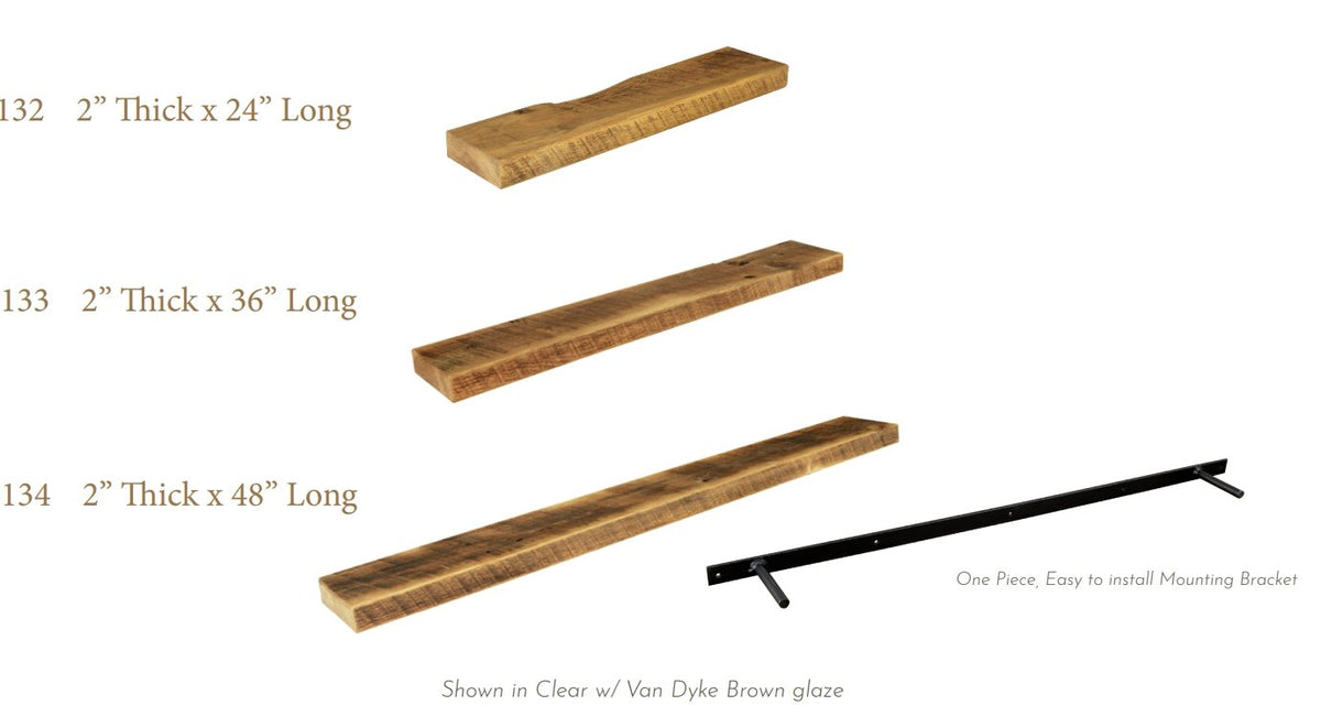 Floating shelf size diagram showing 2 inch thick shelves in 24, 36 and 48 inch lengths with mounting bracket