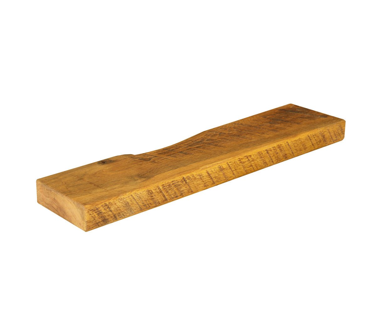 Short reclaimed wood floating shelf with rough sawn edges in a warm honey brown finish on white