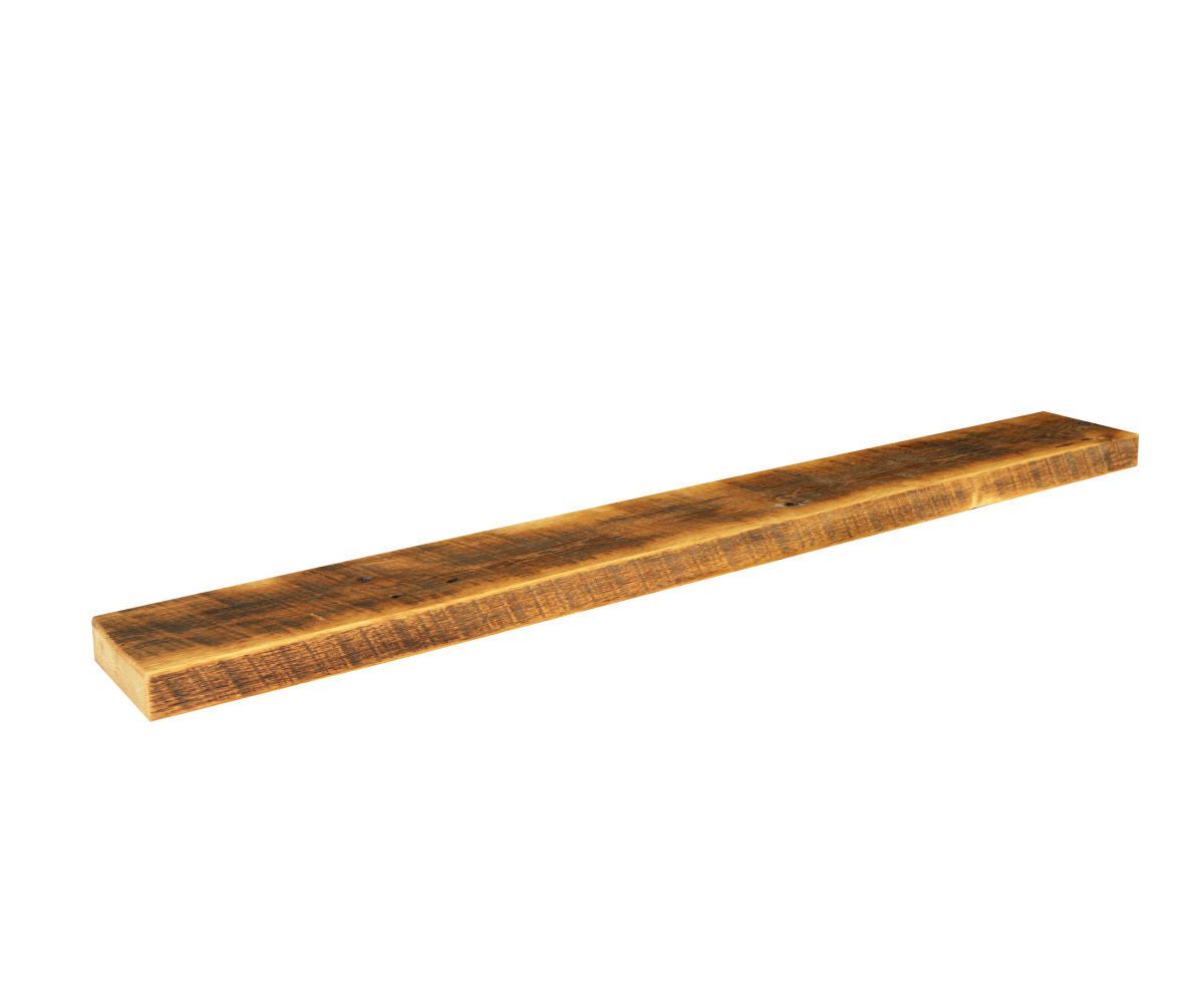 Long reclaimed wood floating shelf with a thick rough sawn profile and warm brown glazed finish