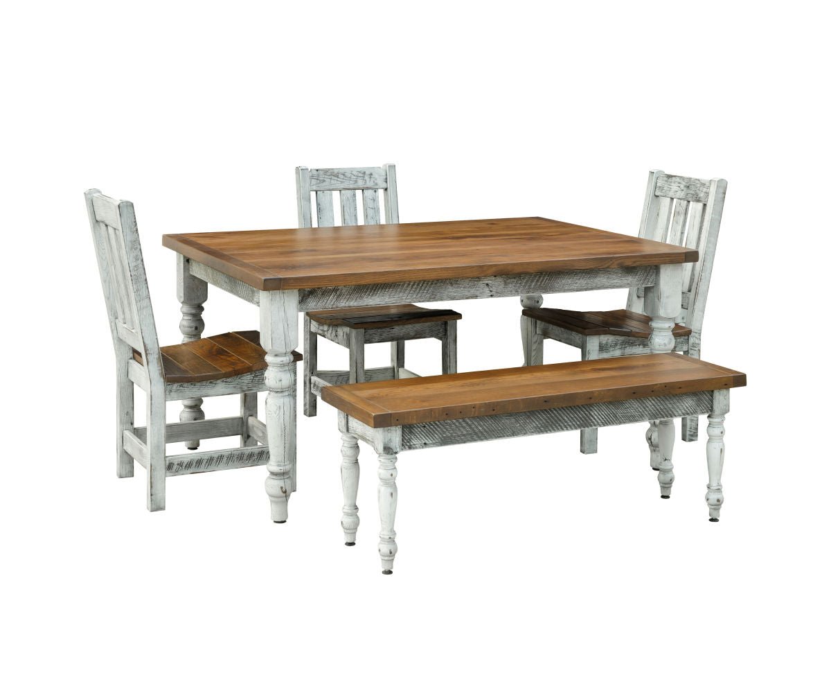 Two tone dining set with a stained top turned leg table, three whitewashed slat back chairs and a bench