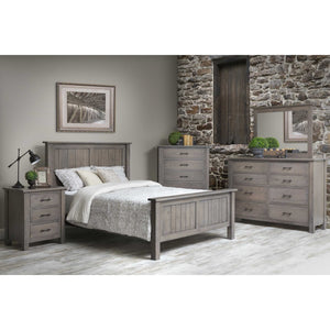 Gray oak bedroom set with plank panel queen bed, three drawer nightstand, tall chest of drawers and mirrored dresser