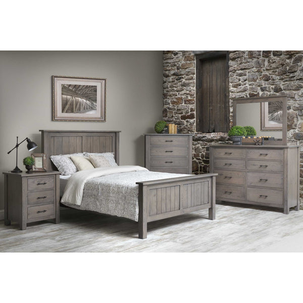 Gray oak bedroom set with plank panel queen bed, three drawer nightstand, tall chest of drawers and mirrored dresser