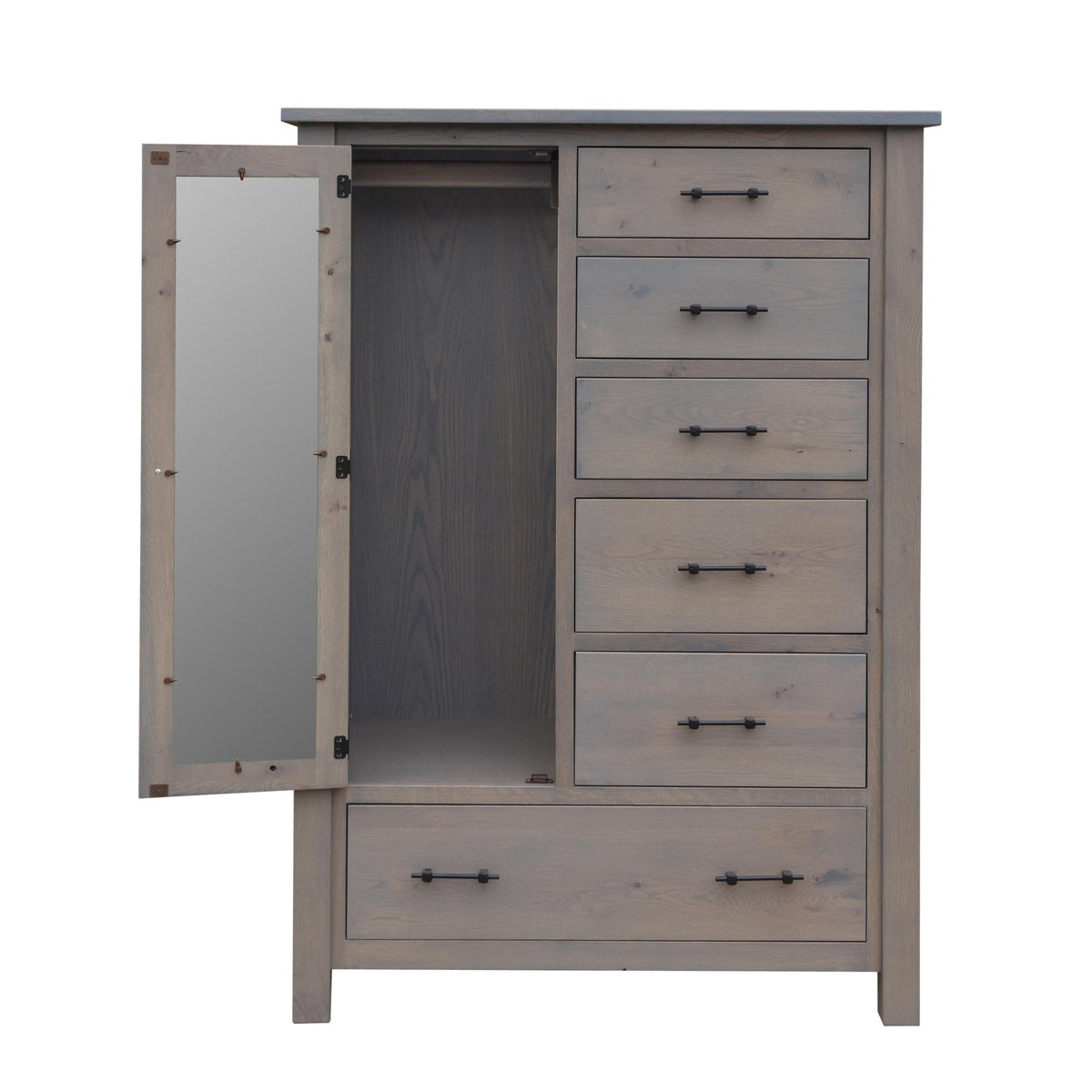 Gray oak chifferobe shown with the door open revealing a mirrored inside panel, hanging rod and interior storage space