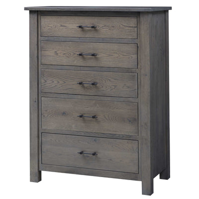 Weathered gray oak chest of drawers with five graduated drawers, black bar pulls and heavy square corner posts