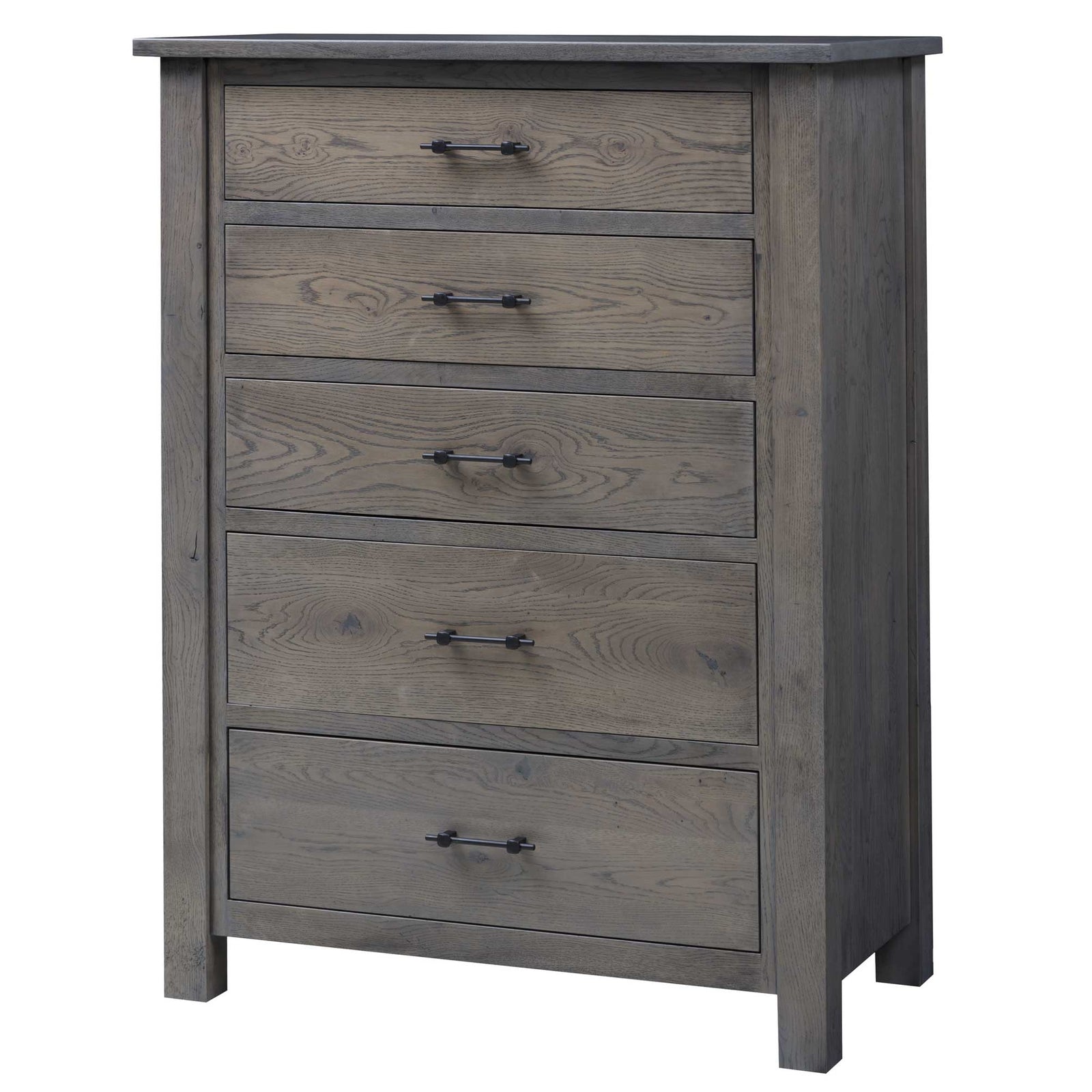 Weathered gray oak chest of drawers with five graduated drawers, black bar pulls and heavy square corner posts