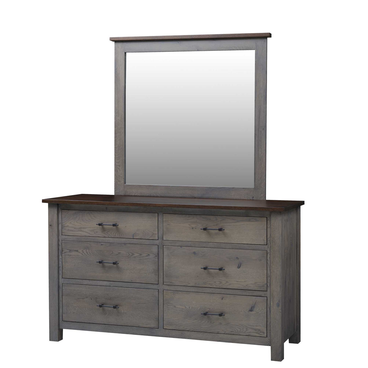 Gray oak six drawer dresser with a contrasting dark brown top and matching rectangular mirror on a white background