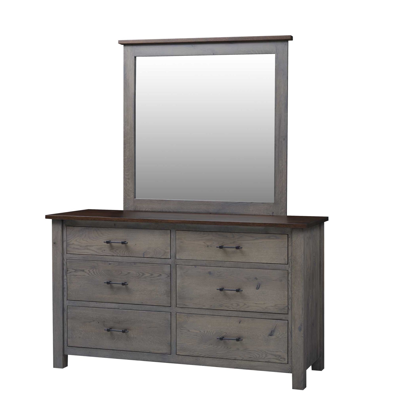 Gray oak six drawer dresser with a contrasting dark brown top and matching rectangular mirror on a white background