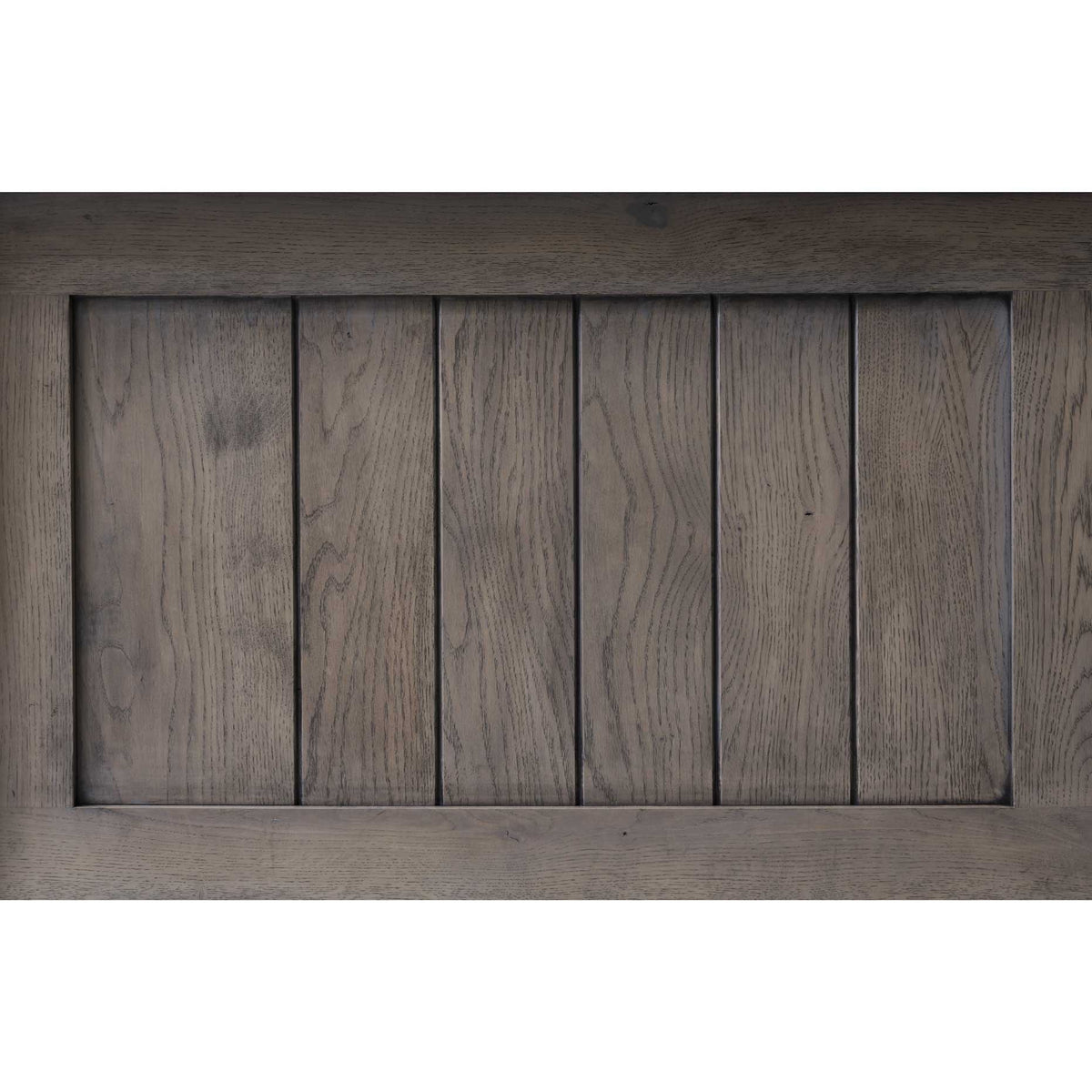 Detailed view of the gray weathered oak headboard's six vertical planks set inside a solid frame