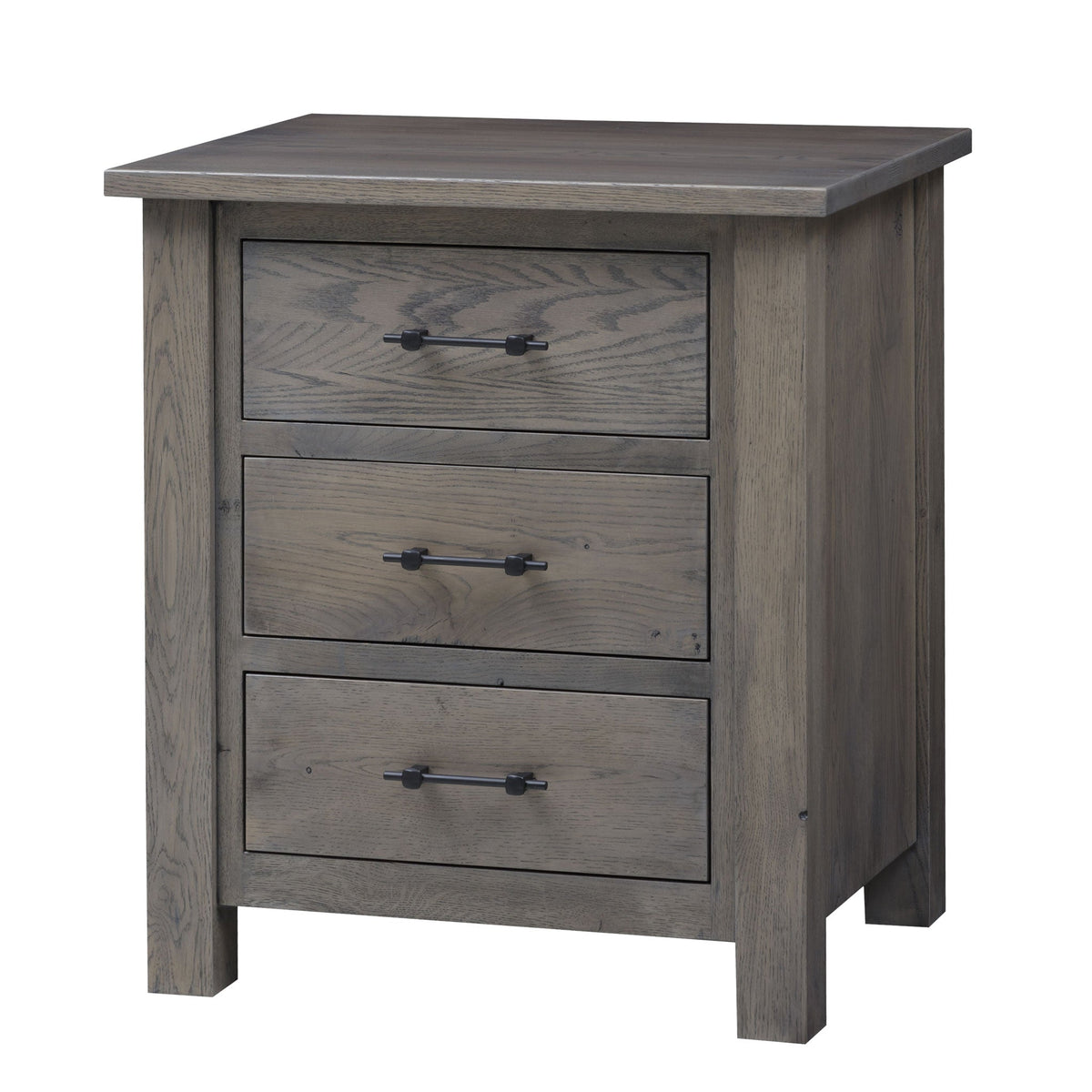 Three drawer gray oak nightstand with black bar pulls, plank top and square posts, shown on white