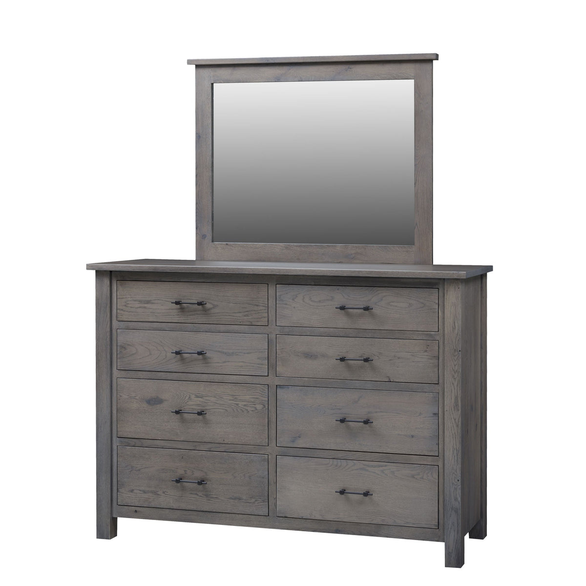 Eight drawer gray oak dresser with black bar pulls and a matching framed mirror on a white background