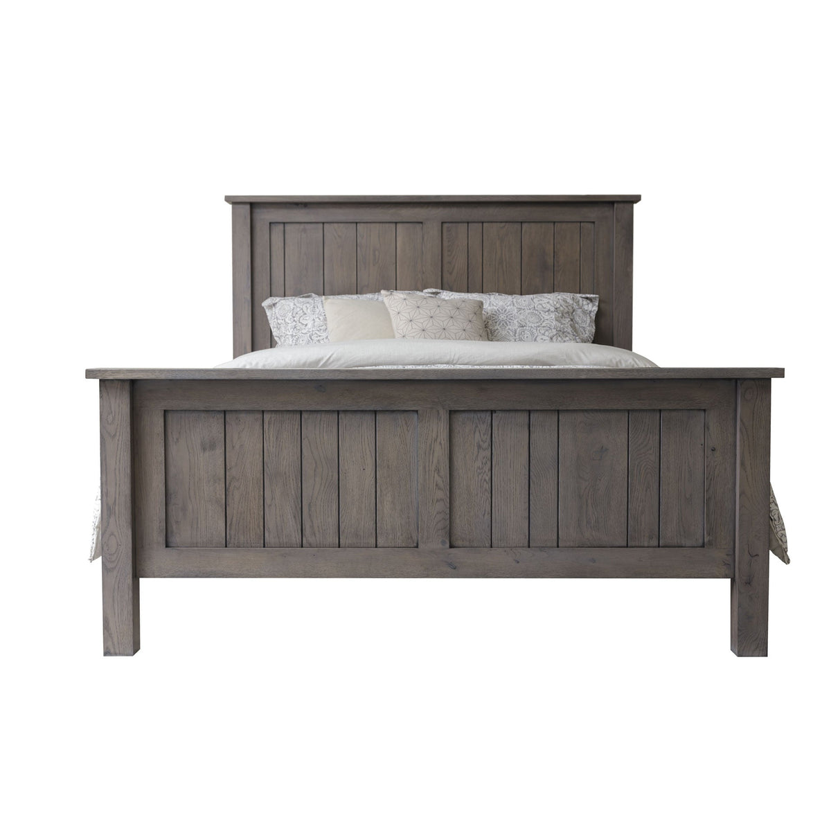 Front view of the gray weathered oak queen bed with plank headboard and paneled footboard on white