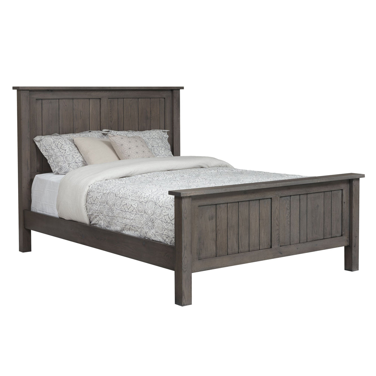 Weathered gray oak panel bed shown at an angle with white bedding, plank headboard and matching footboard
