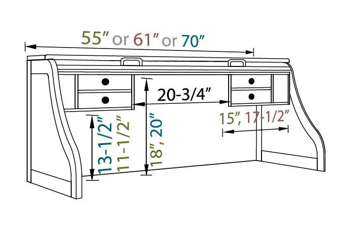 Dimension diagram of the roll top desk hutch: 55, 61 or 70 inch widths, 20-3/4 inch center opening, 18 or 20 inch height
