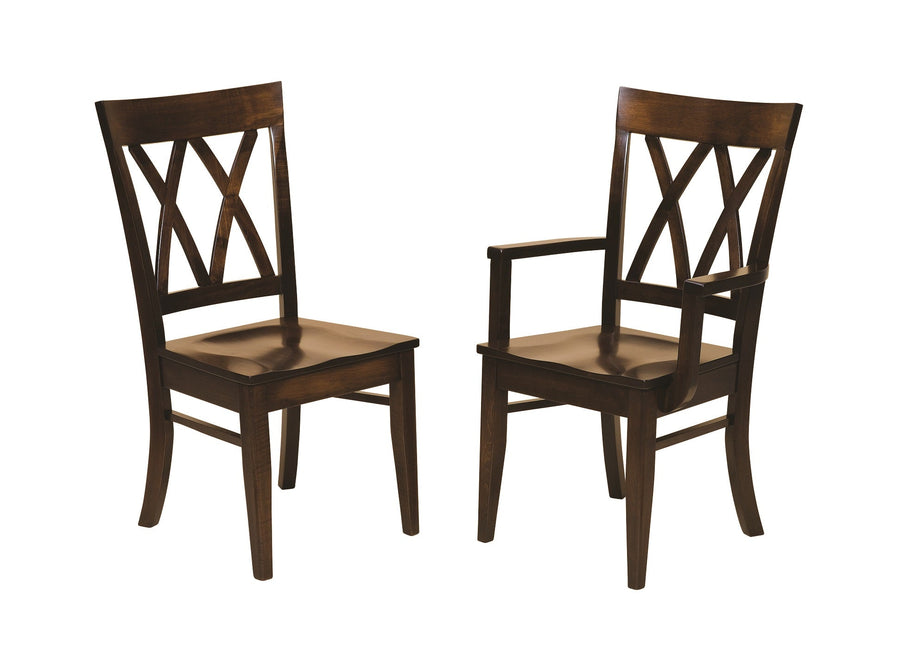 Double X back side chair and matching arm chair in dark brown wood shown side by side on a white background