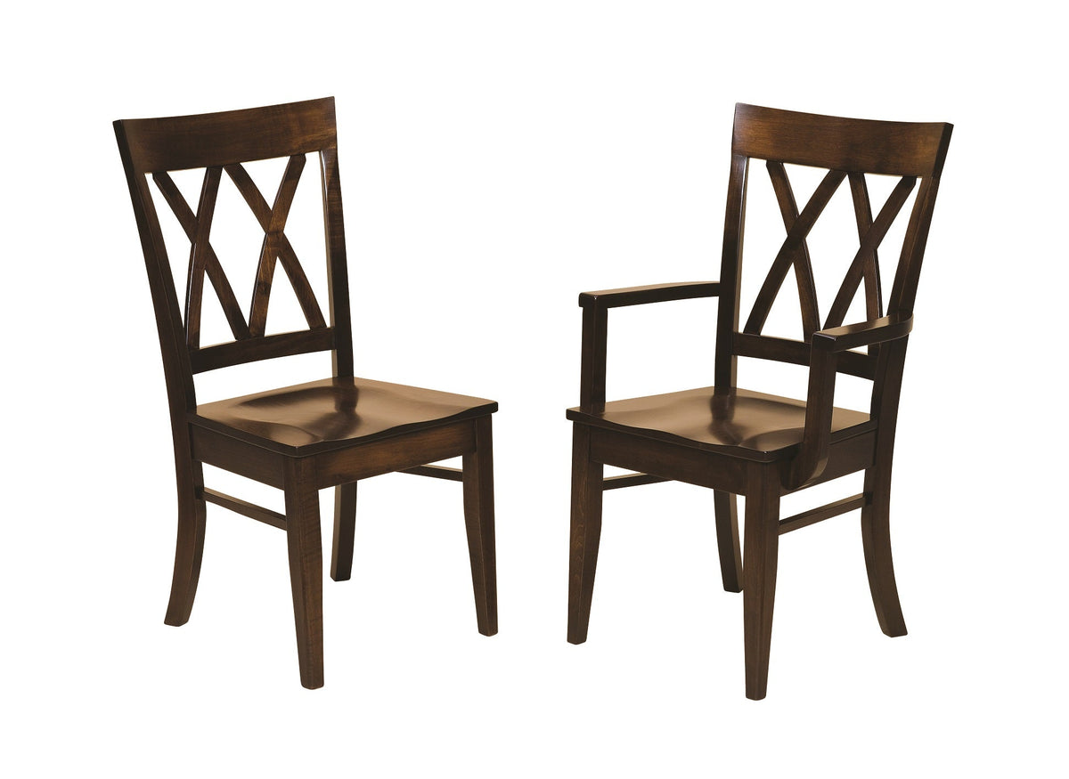 Side chair and arm chair with double X back splats in a dark brown finish, shown together on white