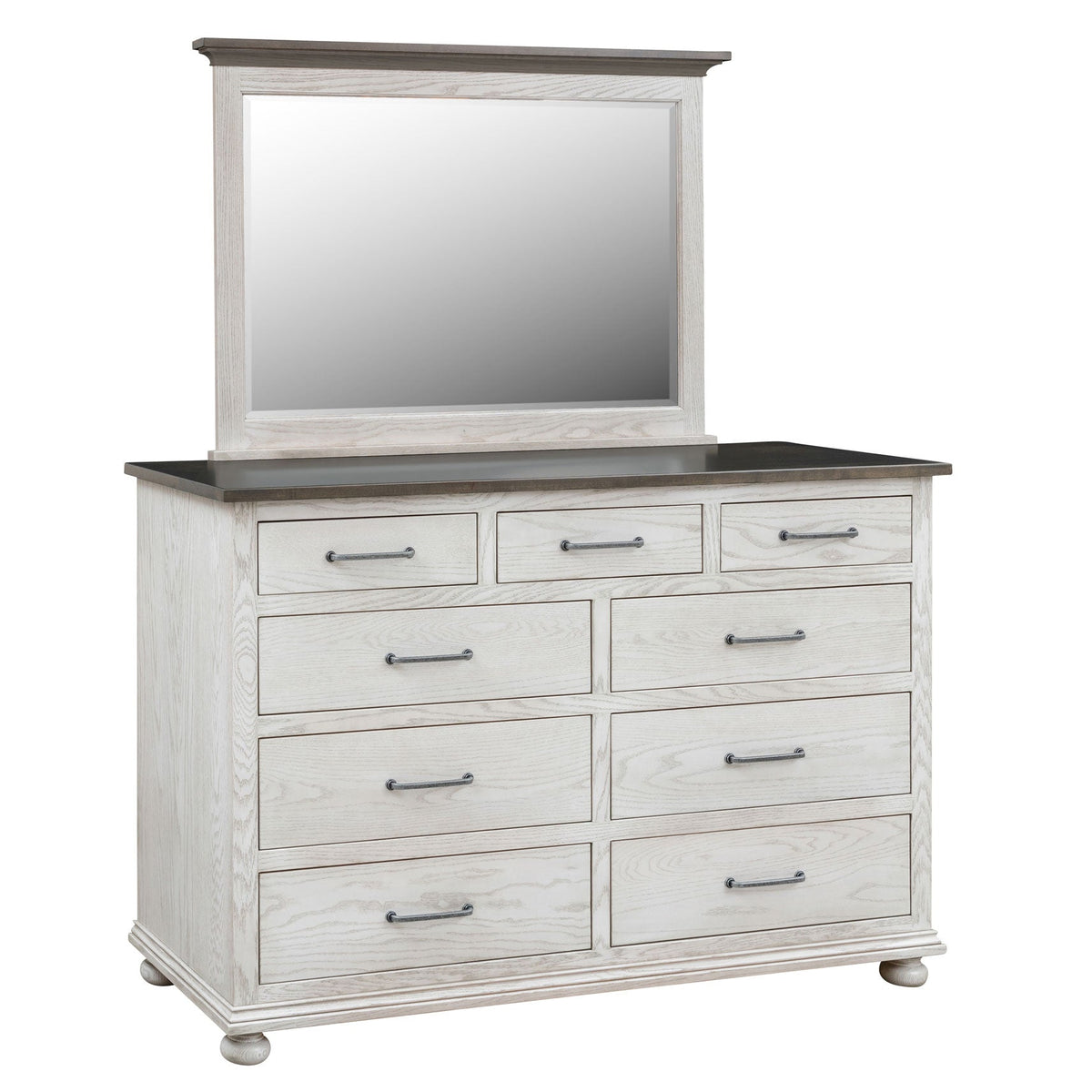 Tall antique white dresser with nine drawers, gray top, brushed pewter pulls and a rectangular mirror