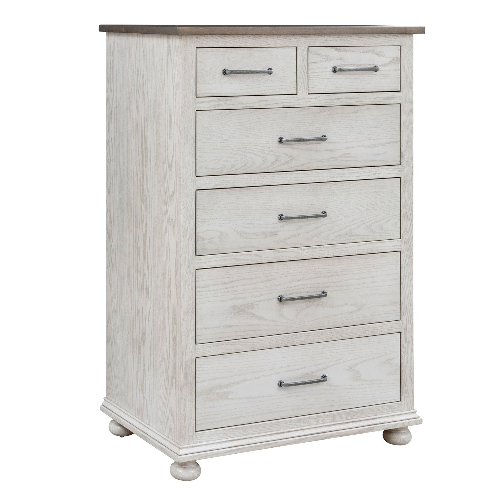 Whitewashed chest of drawers with two small top drawers over four wide drawers, gray top and bun feet