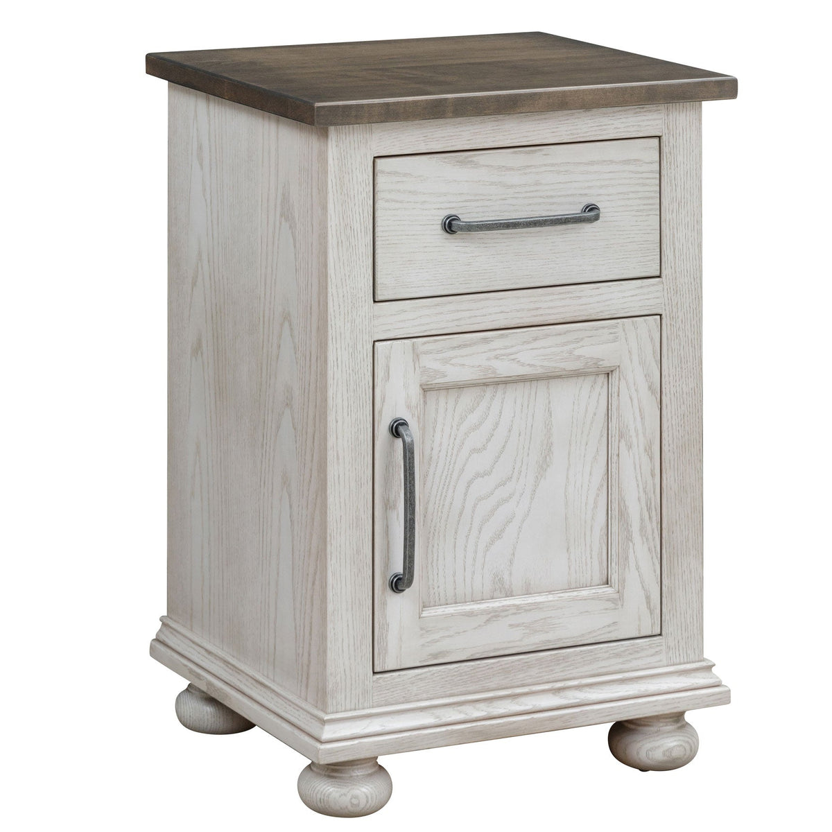 Antique white nightstand with one drawer over a raised panel door, pewter pulls, molded base and bun feet