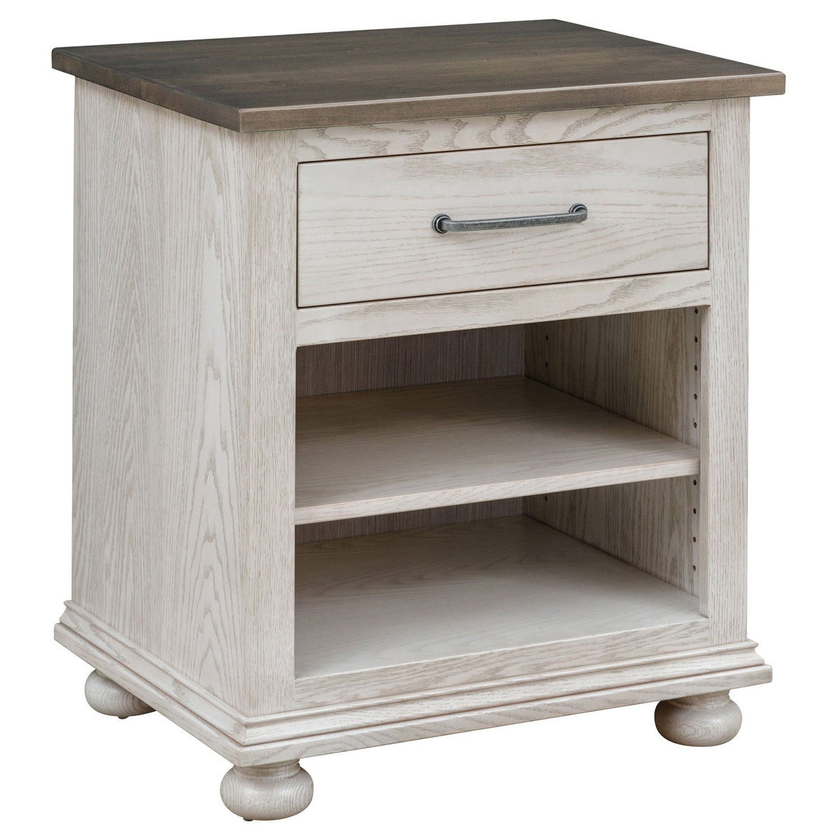Open nightstand in antique white with one drawer above two open shelves, gray top and bun feet