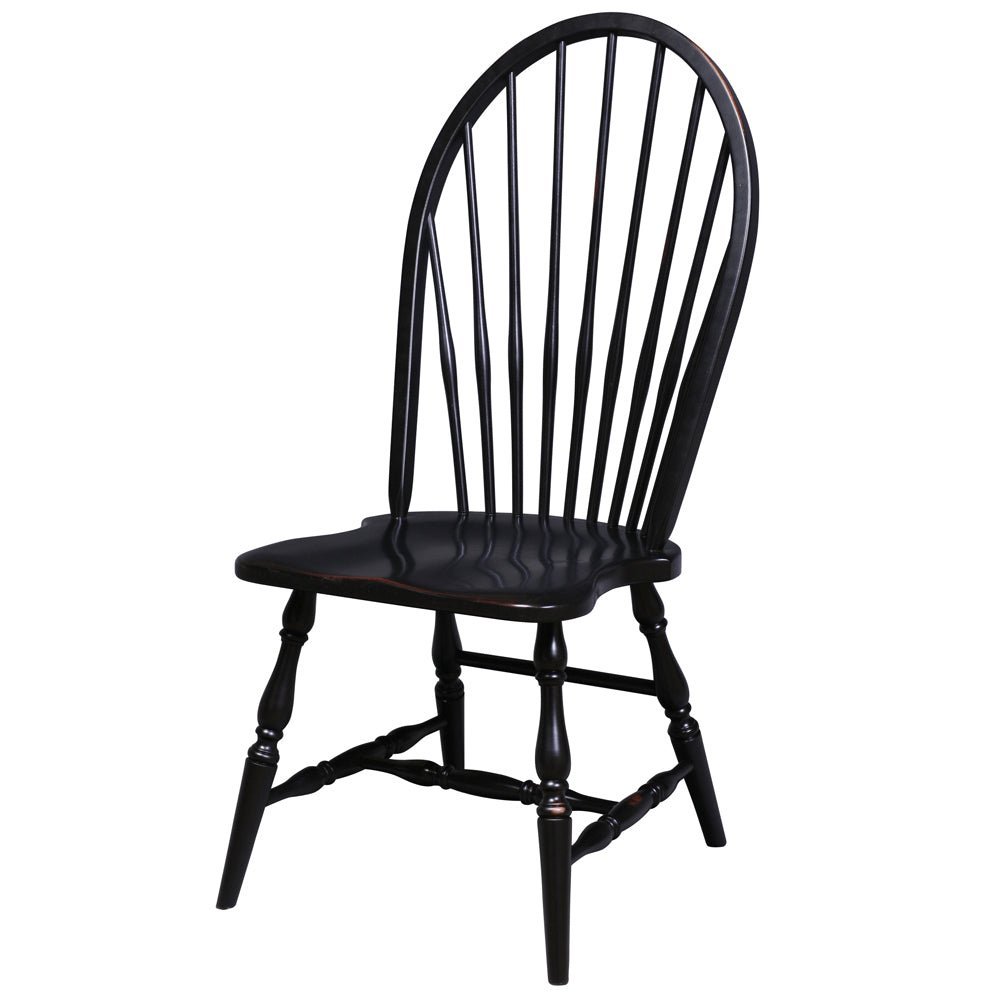 Black painted high back Windsor side chair with bowed spindle back, saddle seat and turned legs with H stretcher