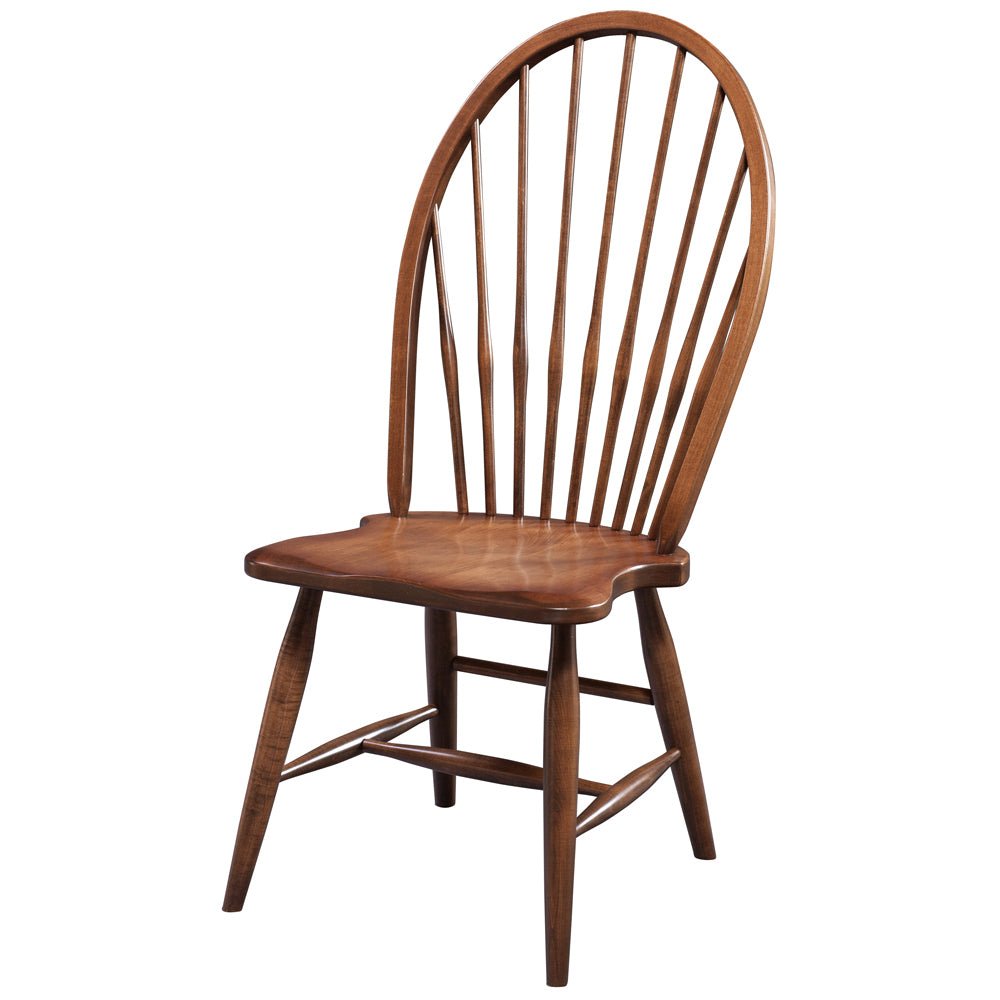 Cherry high back Windsor side chair with fanned spindles, contoured saddle seat and angled legs on a white background