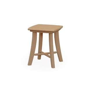 Tan poly patio side table with a square top, rounded edges and four gently flared legs