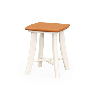 Small white poly side table with a square orange top, rounded corners and curved splayed legs