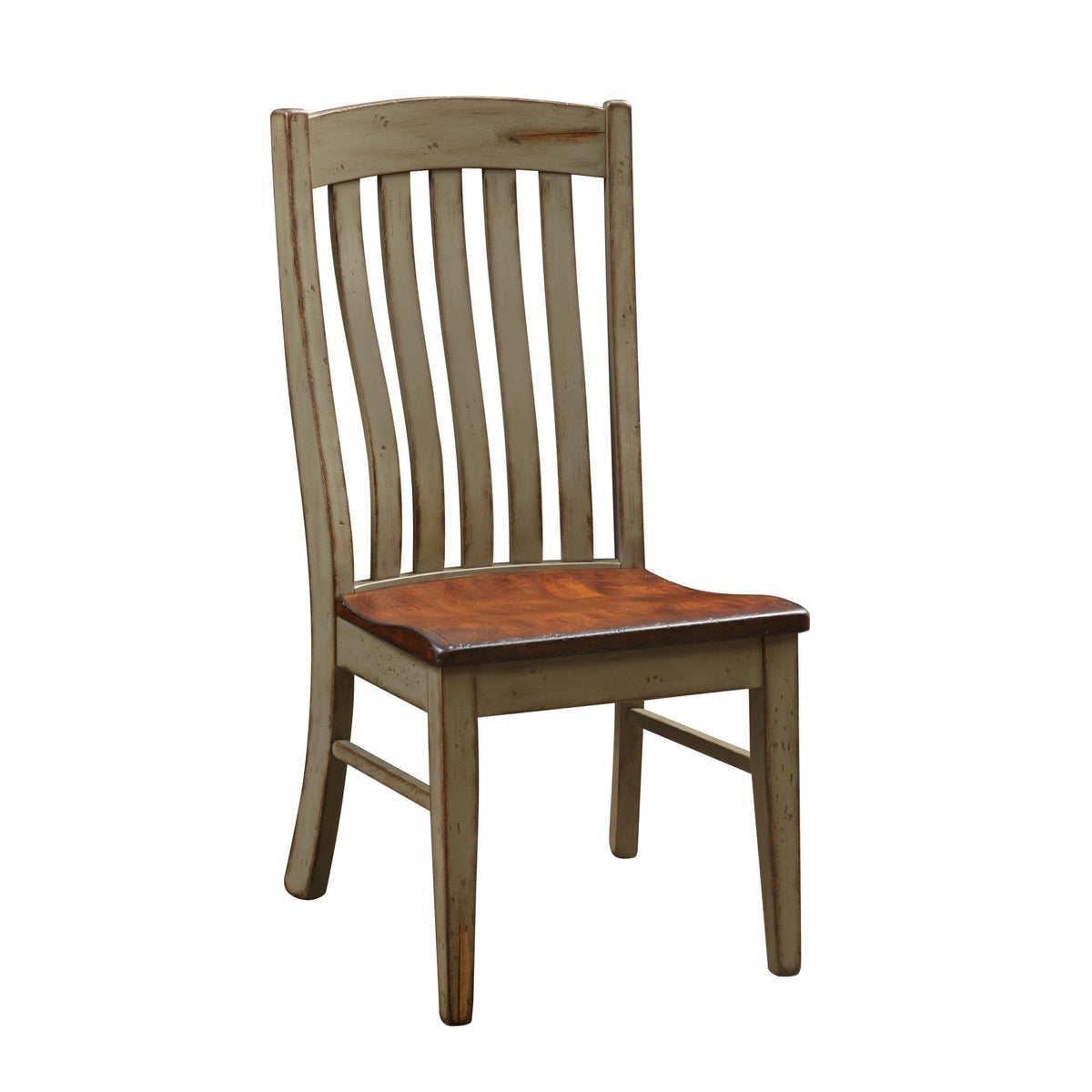 Distressed sage painted dining chair with curved lumbar slats and a rich brown stained saddle seat