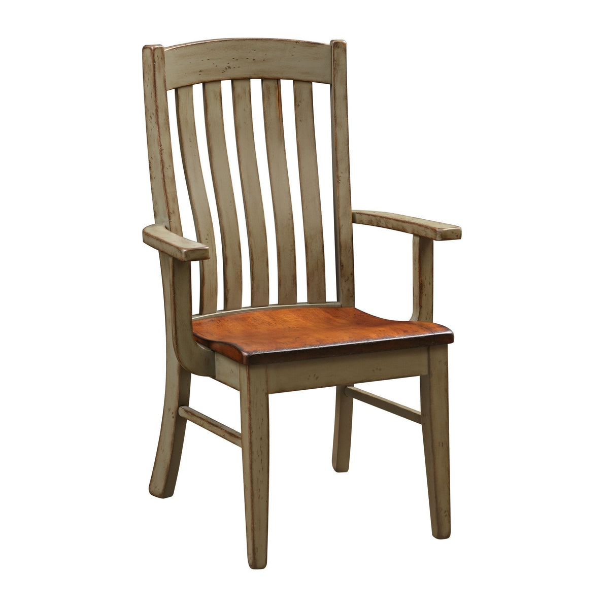 Painted sage arm chair with lumbar slat back, straight arms and a contrasting stained seat on a white background