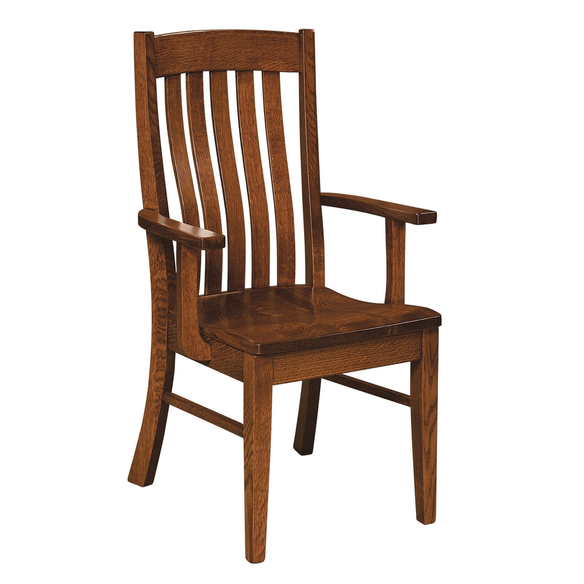 Dark oak arm chair with lumbar support slats, flat arms and a scooped seat photographed on white