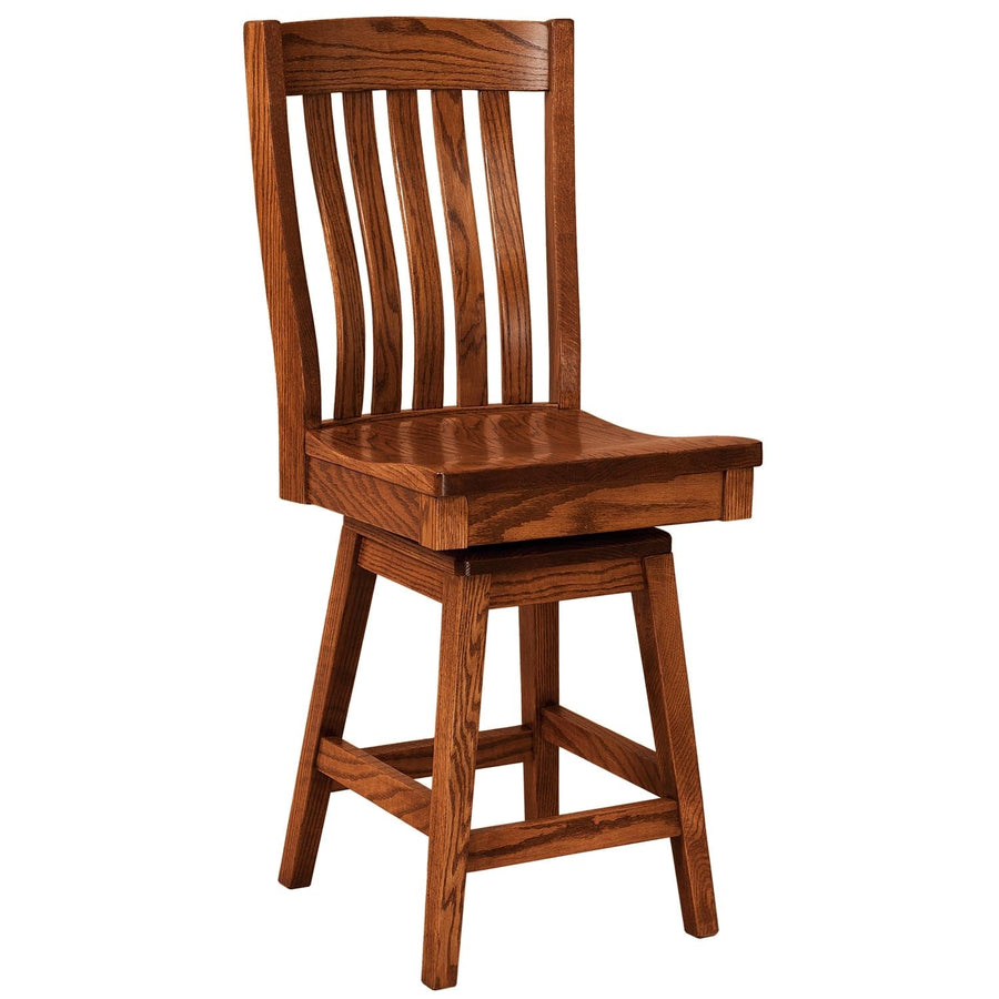 Oak swivel bar stool with lumbar slat back, contoured seat, swivel mechanism and angled legs with footrests