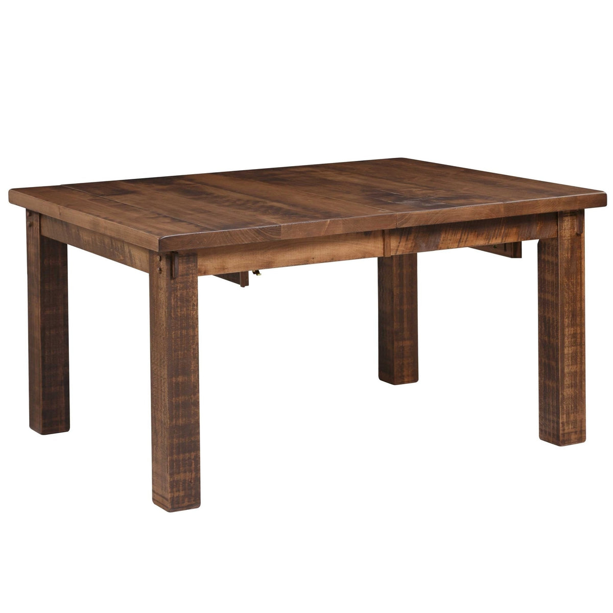 Rough sawn rustic dining table with thick square legs, breadboard plank top and extension seam