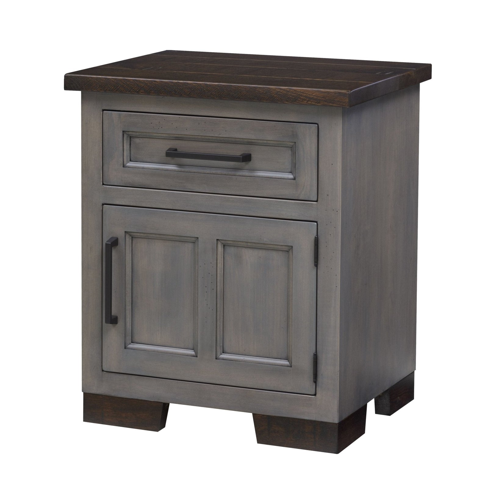 Gray solid wood nightstand with one drawer and a two-panel door, dark rustic top, styled with a white lamp between bed and dresser