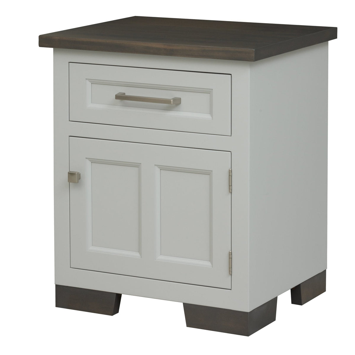 White painted bedside nightstand with a driftwood gray top, single drawer and raised-panel storage door with brushed nickel hardware