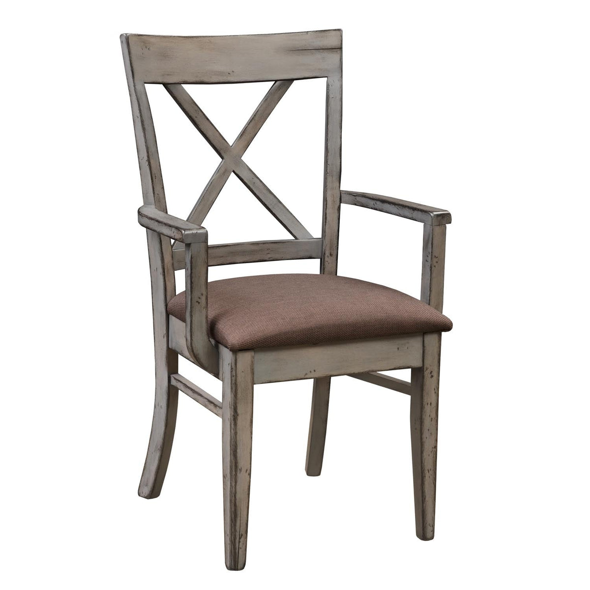 Weathered gray cross back arm chair with shaped arms and a brown fabric seat cushion