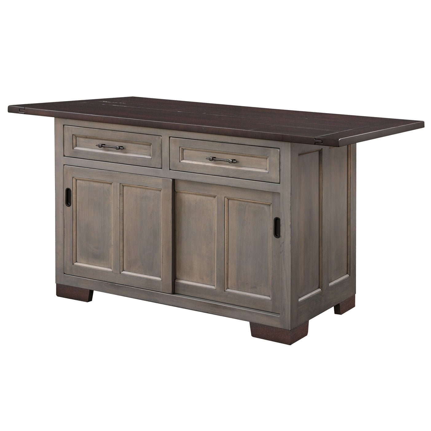Gray painted kitchen island with dark plank drop leaf top, two drawers, sliding doors and three stools